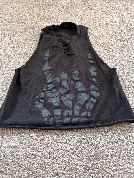 The Drive Clothing Tops - Black Distressed Muscle Tank with Skeleton Hand Graphic
